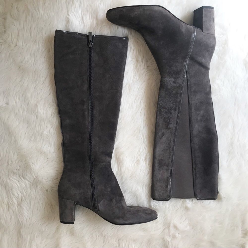 DONALD PLINER Suede Knee High Boot Chunky Heel Round Toe Taupe Gray Size 6.5 - Picture 3 of 14